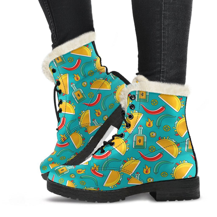 Chilly Taco Pattern Print Comfy Faux Fur Boots For Winter Season