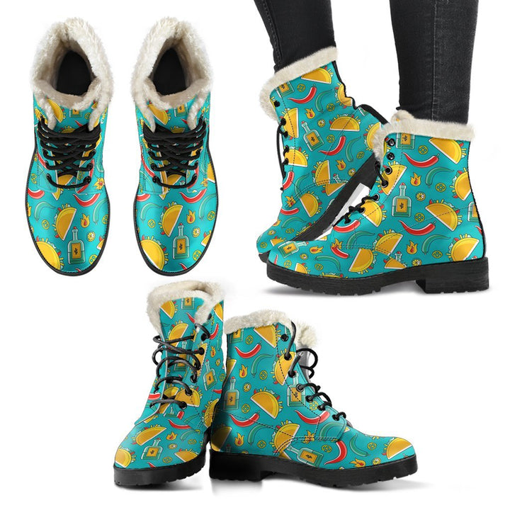 Chilly Taco Pattern Print Comfy Faux Fur Boots For Winter Season