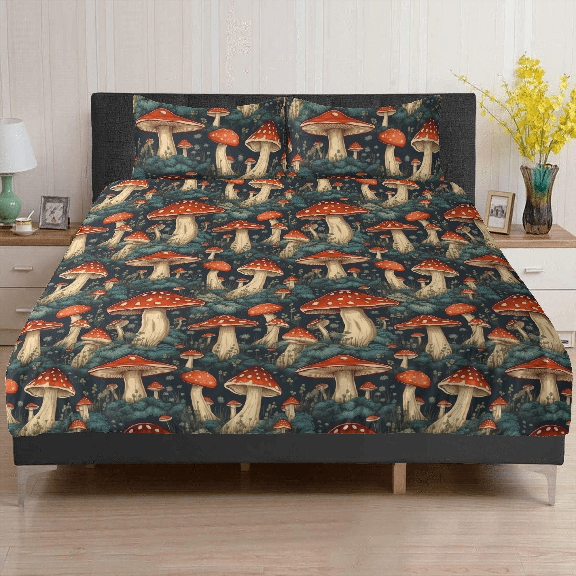 Cottagecore Red Mushroom Forest Bedding Set For Hippies