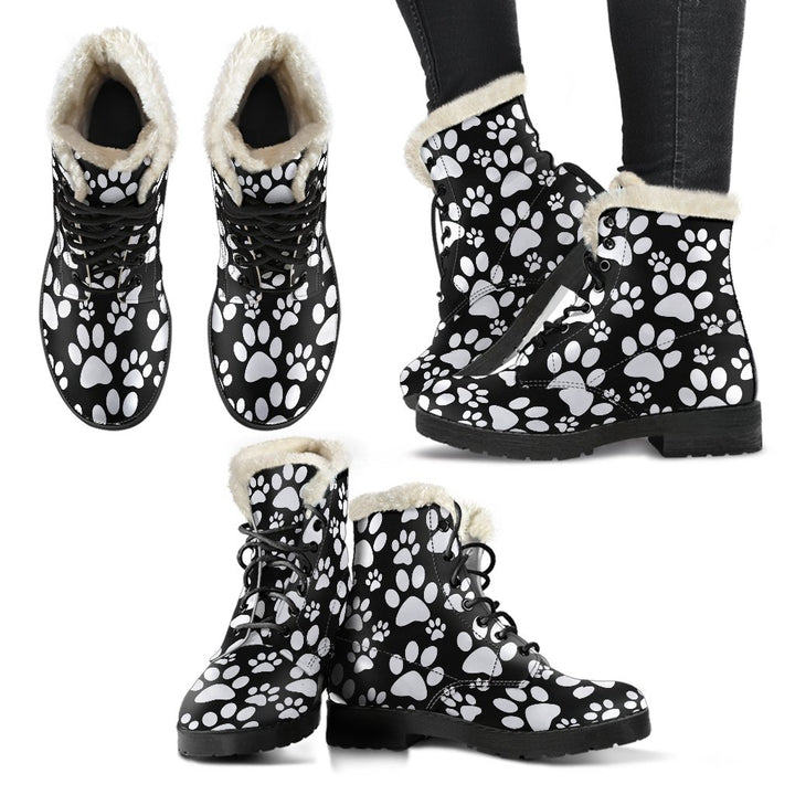 Cute Cat Paw Pattern Print Comfy Faux Fur Boots For Winter Season