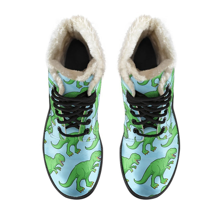 Cute Green T-REX Dinosaur Print Comfy Faux Fur Boots For Winter Season