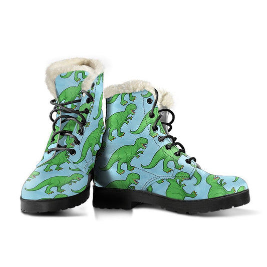 Cute Green T-REX Dinosaur Print Comfy Faux Fur Boots For Winter Season