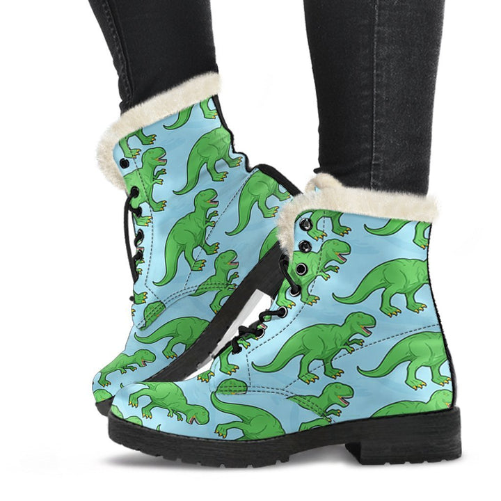 Cute Green T-REX Dinosaur Print Comfy Faux Fur Boots For Winter Season