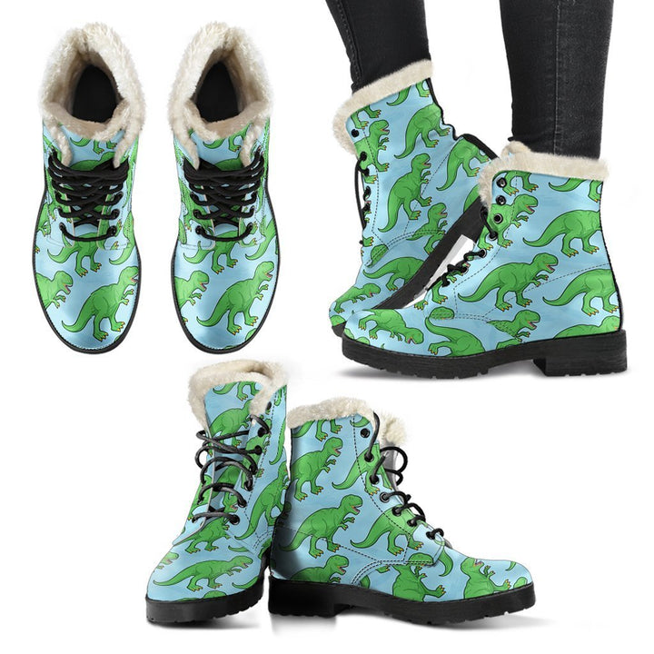 Cute Green T-REX Dinosaur Print Comfy Faux Fur Boots For Winter Season