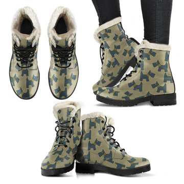 Cute Navy Westie Dog Print Comfy Faux Fur Boots For Winter Season