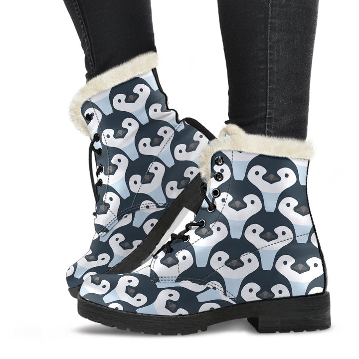 Cute Penguin Cartoon Pattern Print Comfy Faux Fur Boots For Winter Season