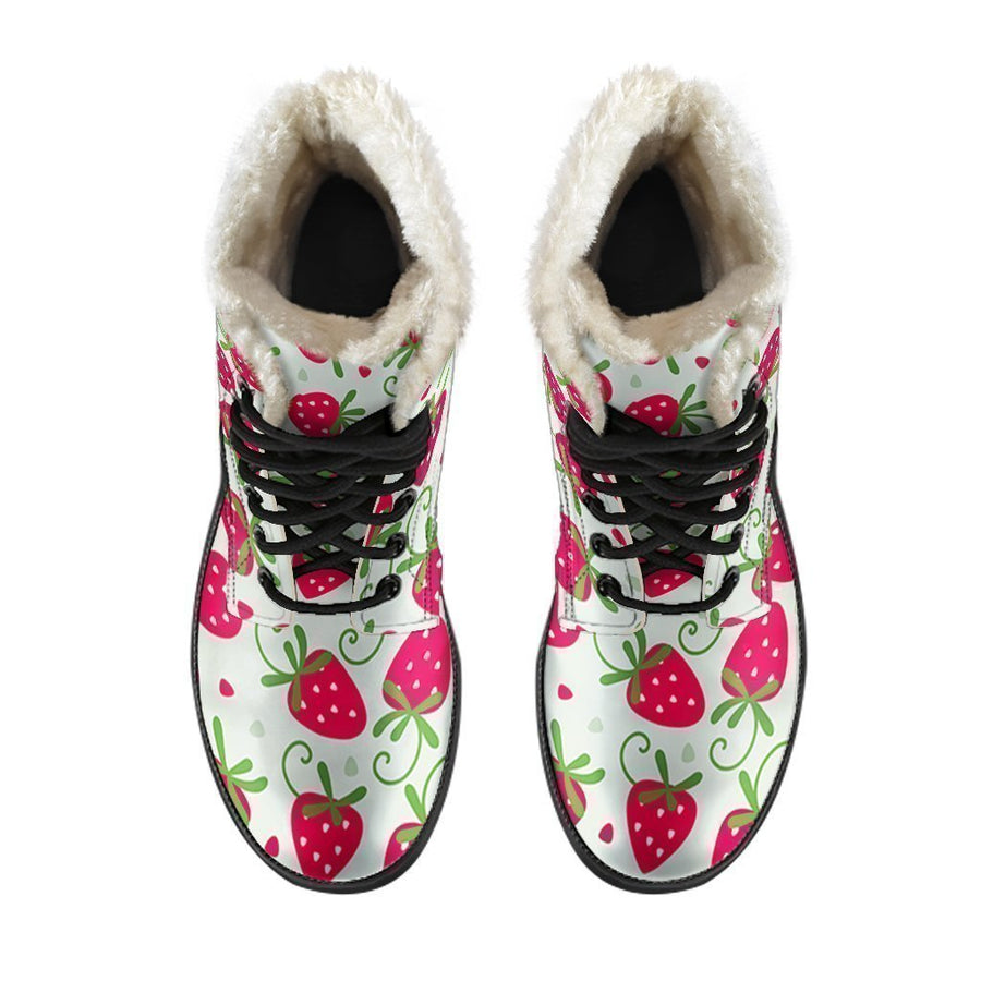 Cute Pink Strawberry Cartoon Print Comfy Faux Fur Boots For Holiday Season