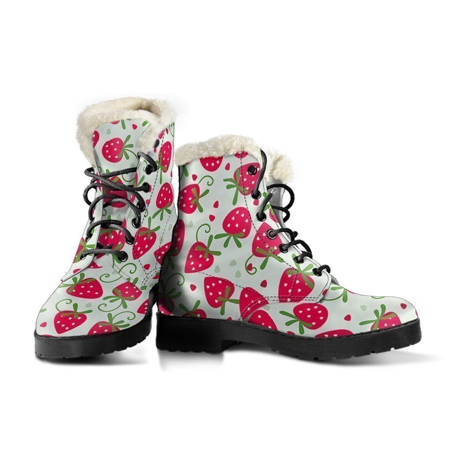 Cute Pink Strawberry Cartoon Print Comfy Faux Fur Boots For Holiday Season