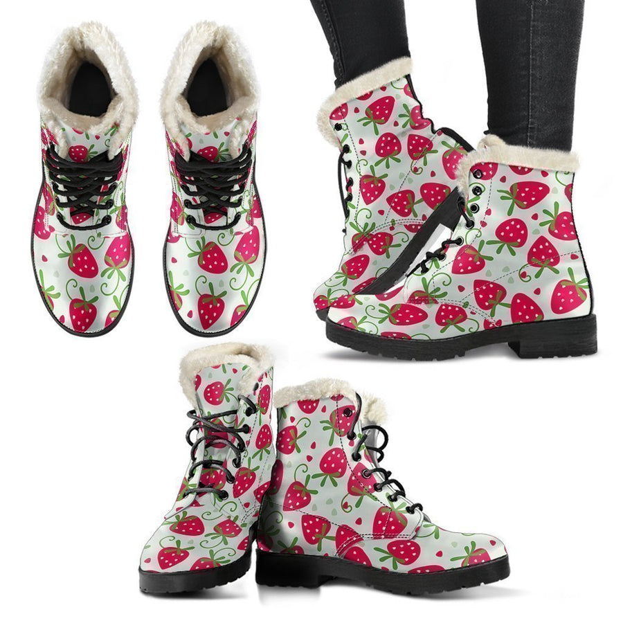 Cute Pink Strawberry Cartoon Print Comfy Faux Fur Boots For Holiday Season