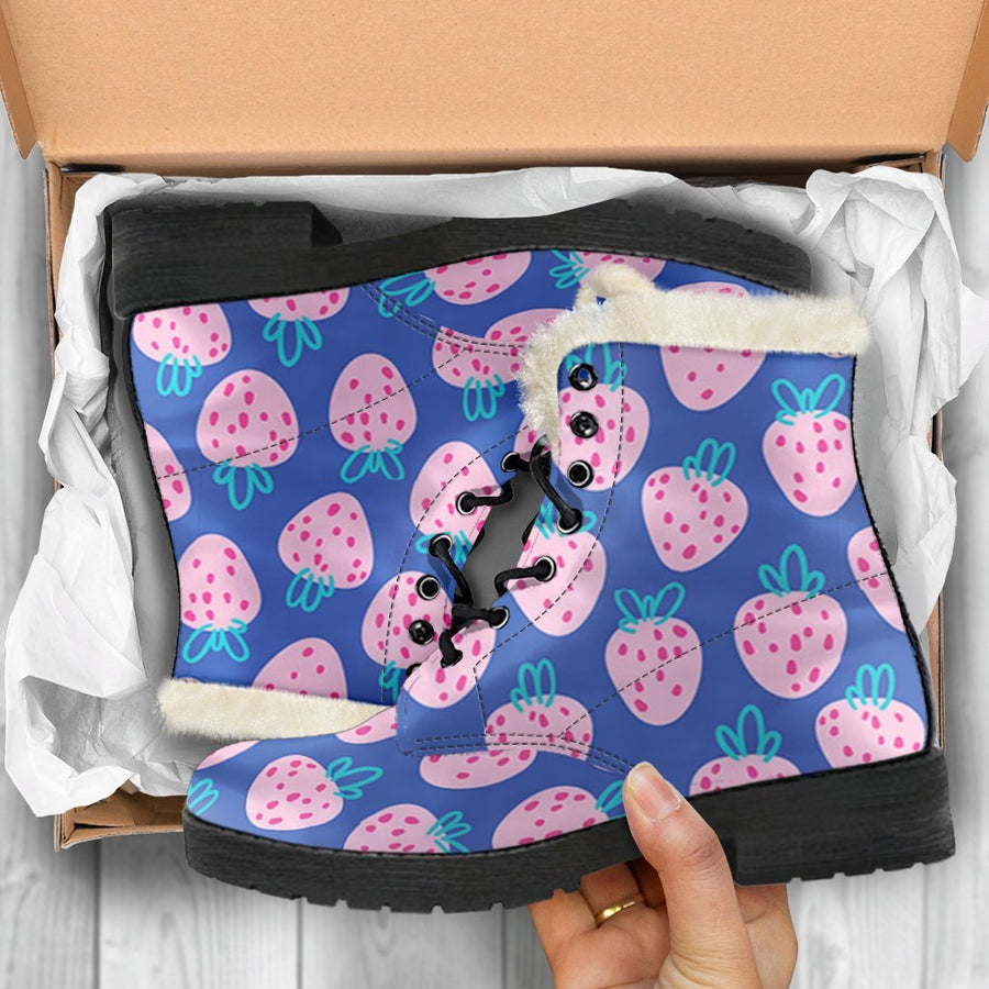 Cute Pink Strawberry, Blue Print Comfy Faux Fur Boots For Holiday Season