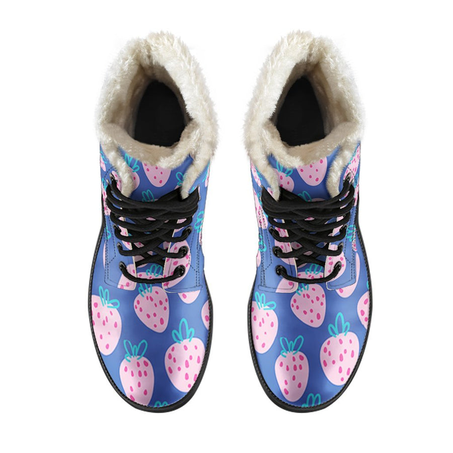 Cute Pink Strawberry, Blue Print Comfy Faux Fur Boots For Holiday Season