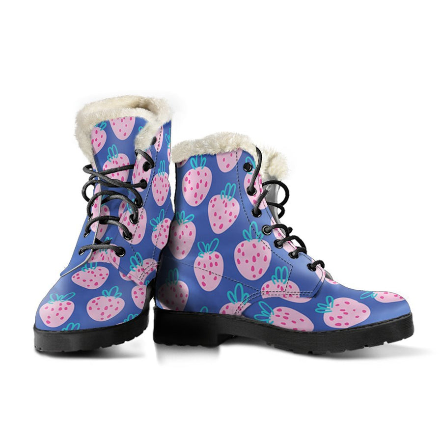 Cute Pink Strawberry, Blue Print Comfy Faux Fur Boots For Holiday Season