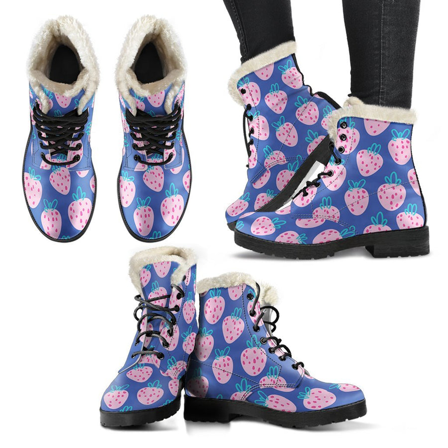 Cute Pink Strawberry, Blue Print Comfy Faux Fur Boots For Holiday Season