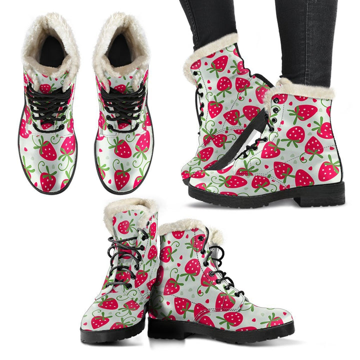 Cute Strawberry Cartoon Print Comfy Faux Fur Boots For Winter Season