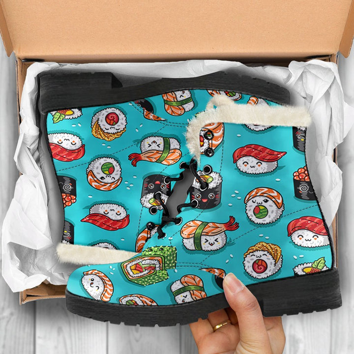 Cute Sushi, Japanese Cuisine Print Comfy Faux Fur Boots For Winter Season