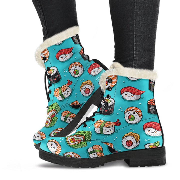 Cute Sushi, Japanese Cuisine Print Comfy Faux Fur Boots For Winter Season