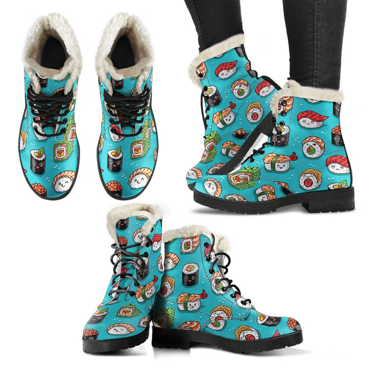 Cute Sushi, Japanese Cuisine Print Comfy Faux Fur Boots For Winter Season