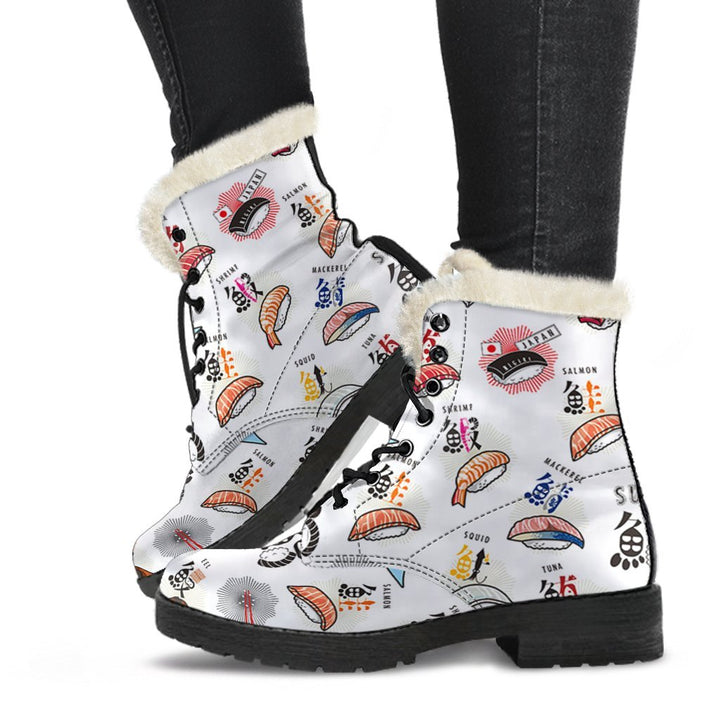 Cute Sushi, Japanese Food Print Comfy Faux Fur Boots For Winter Season