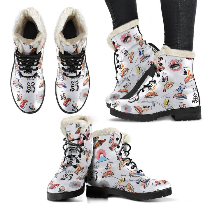 Cute Sushi, Japanese Food Print Comfy Faux Fur Boots For Winter Season