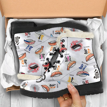 Cute Sushi, Japanese Food Print Comfy Faux Fur Boots For Winter Season