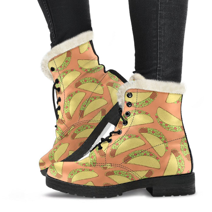 Cute Taco Pattern Print Comfy Faux Fur Boots For Winter Season