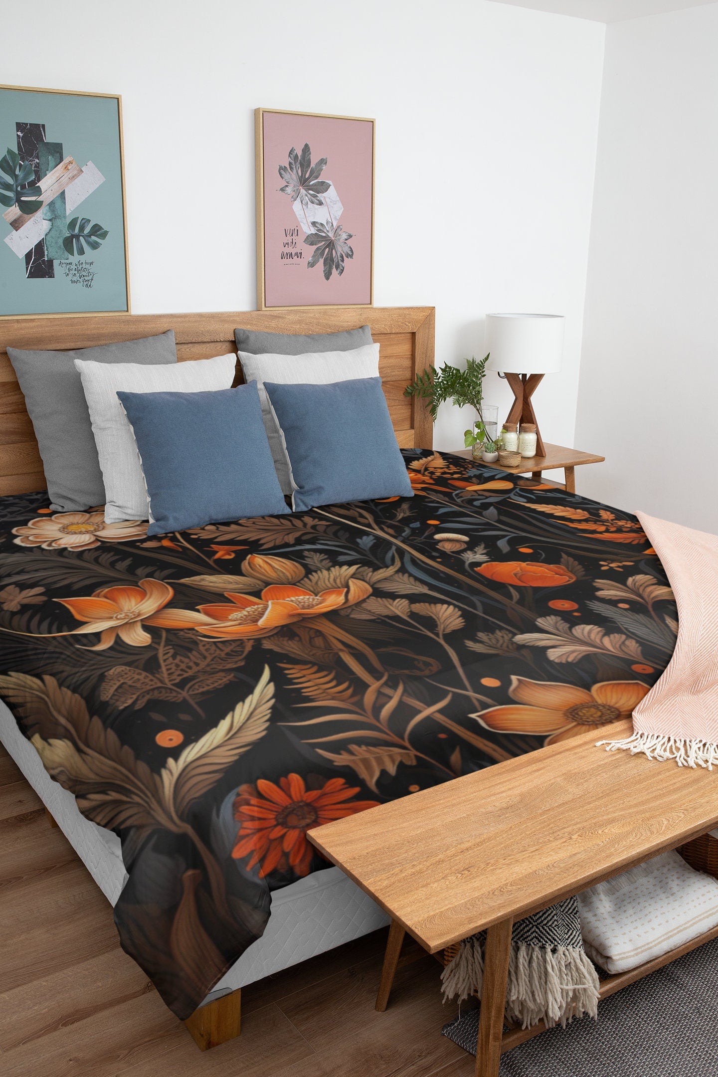 Emerald Blossoms - Dark Academia Autumn Leaves and Flowers, Halloween Bedding Set For Hippies