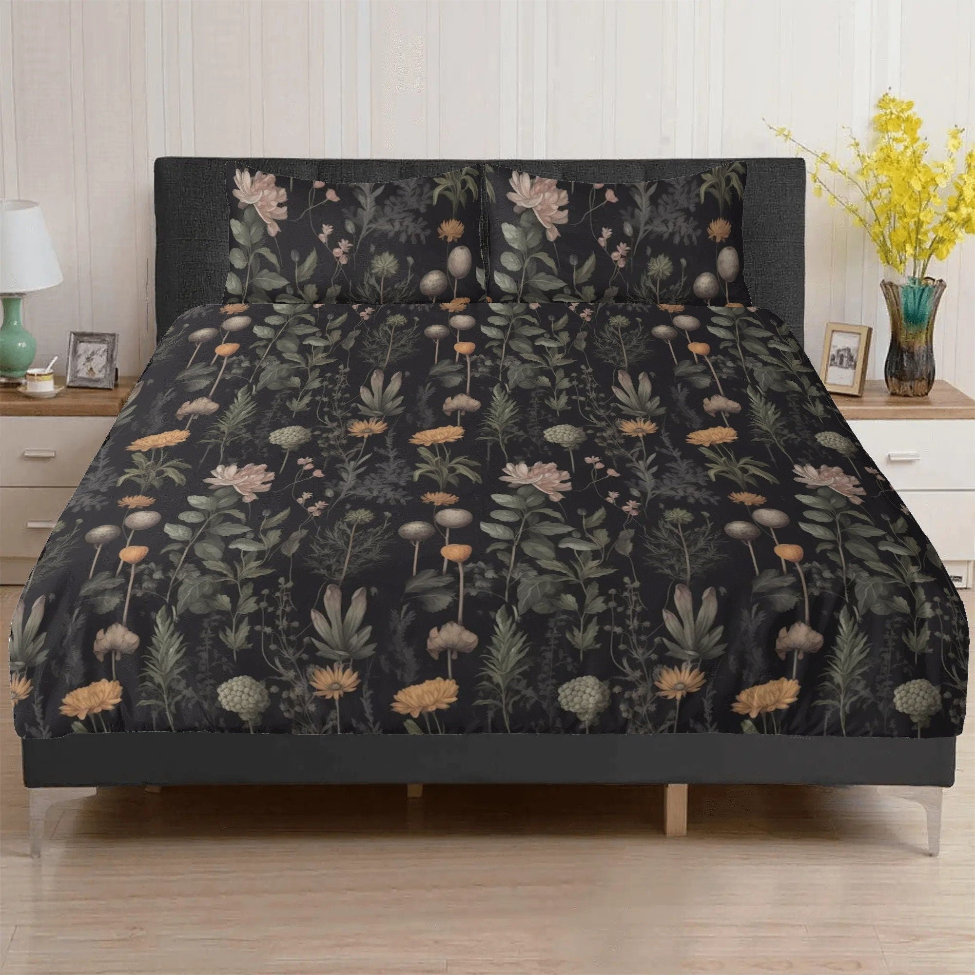 Dark Cottagecore Moody Botanical, Boho Flower Bedding Set For Hippies