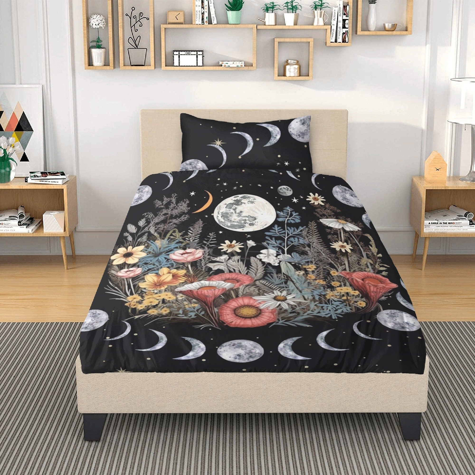 Dark Cottagecore Moon Phase Cycle, Boho Flower Whimsical Bedding Set For Hippies