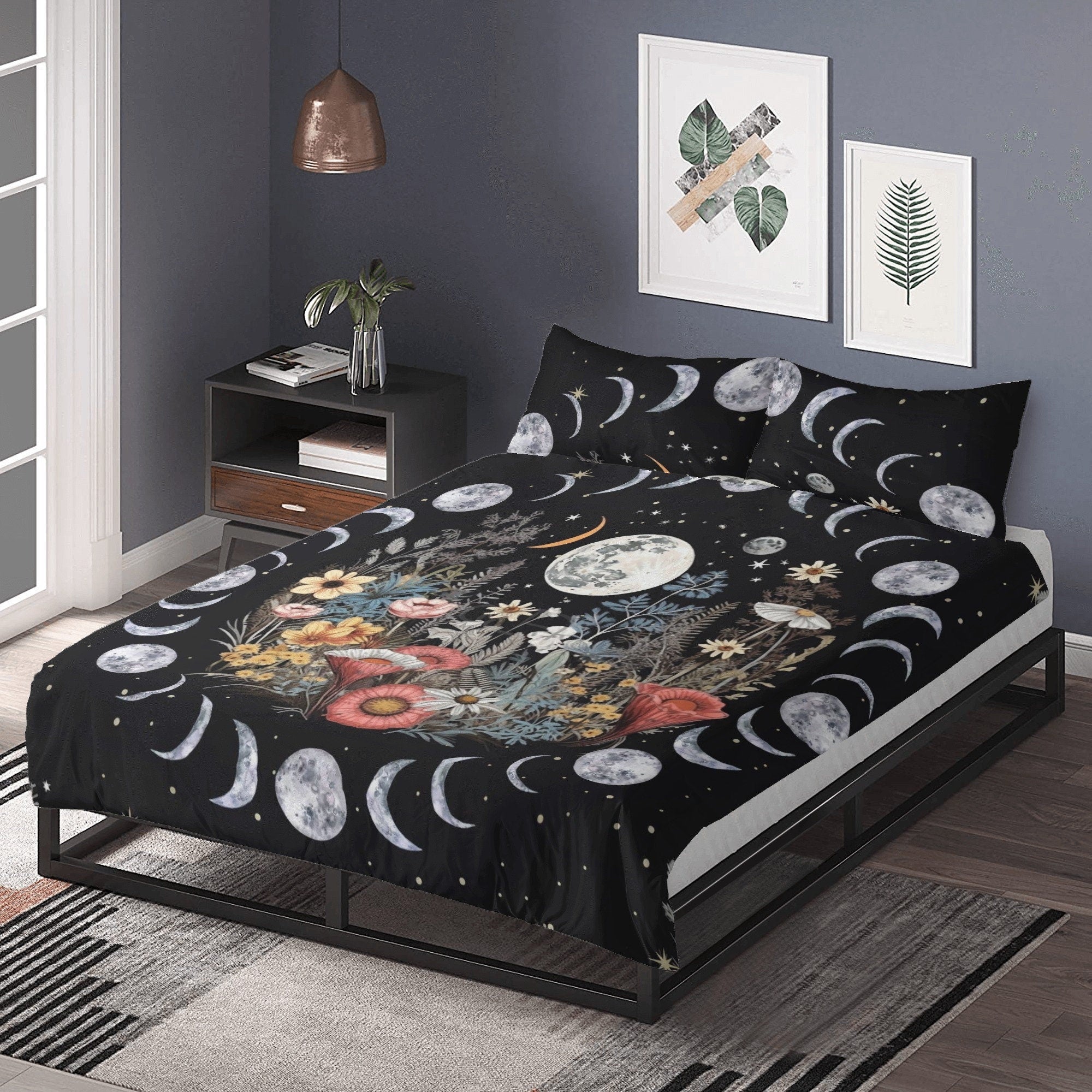 Dark Cottagecore Moon Phase Cycle, Boho Flower Whimsical Bedding Set For Hippies