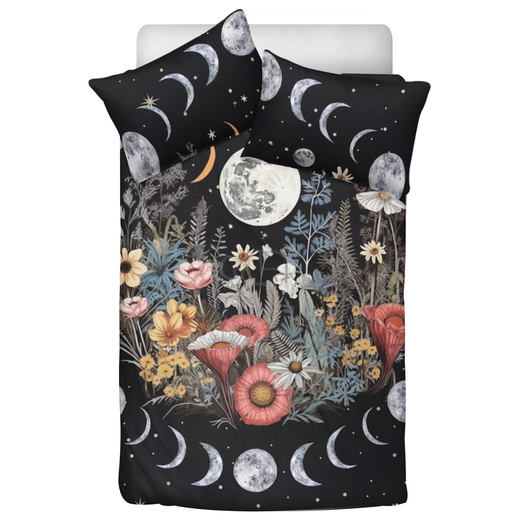Dark Cottagecore Moon Phase Cycle, Boho Flower Whimsical Bedding Set For Hippies