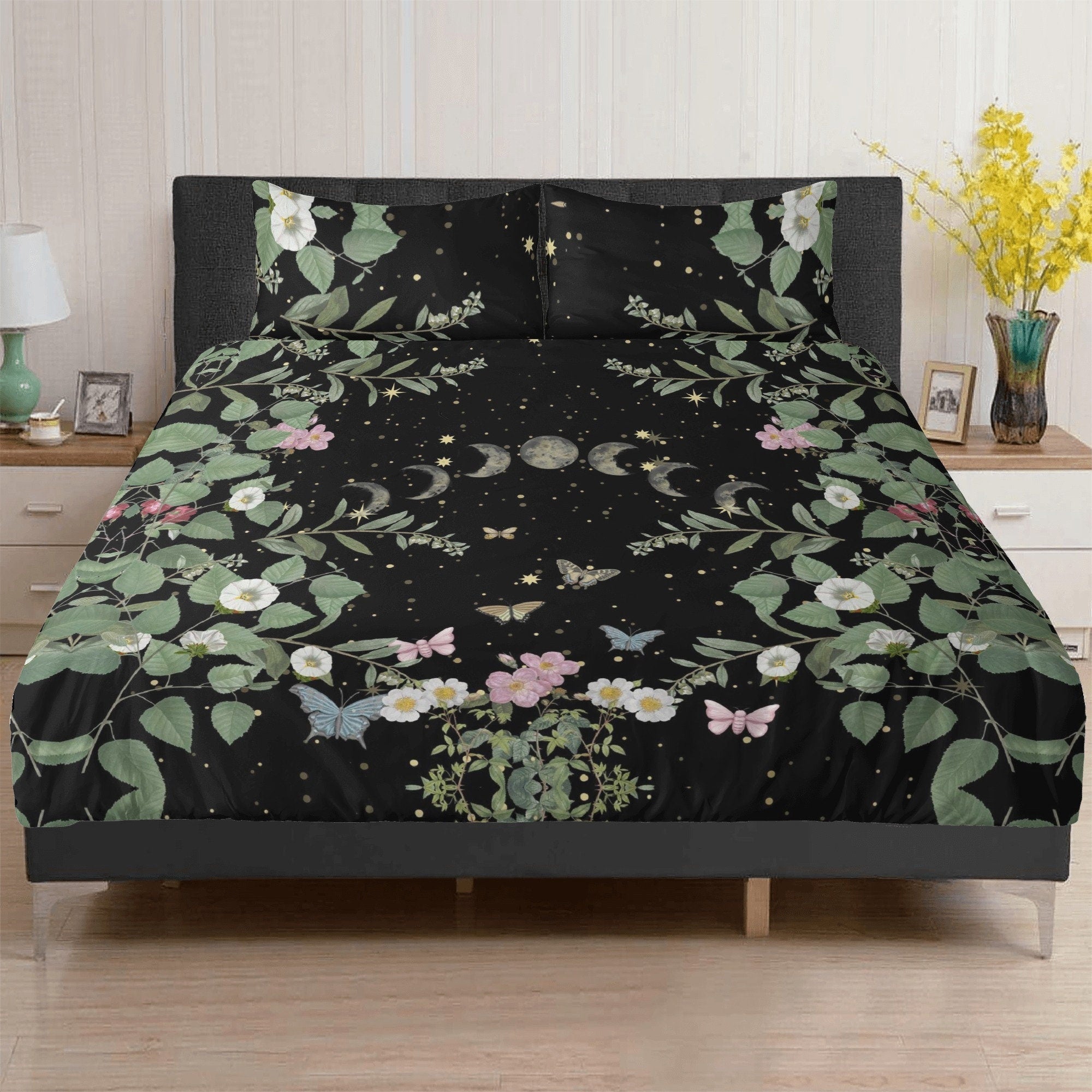 Dark Cottagecore Moon Phase, Moth Forest Bedding Set For Hippies