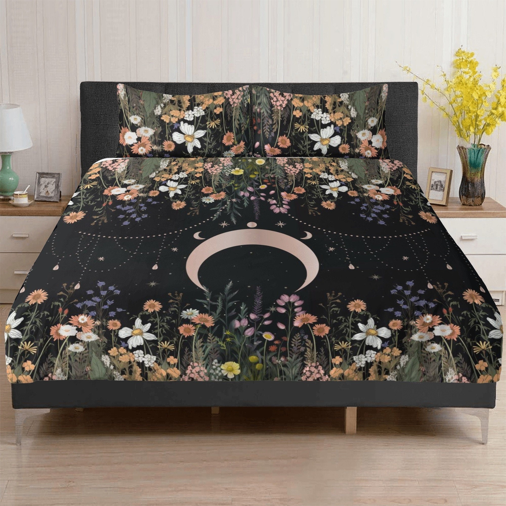 Dark Cottagecore Moon Phase, Wildflowers Whimsical Bedding Set For Hippies