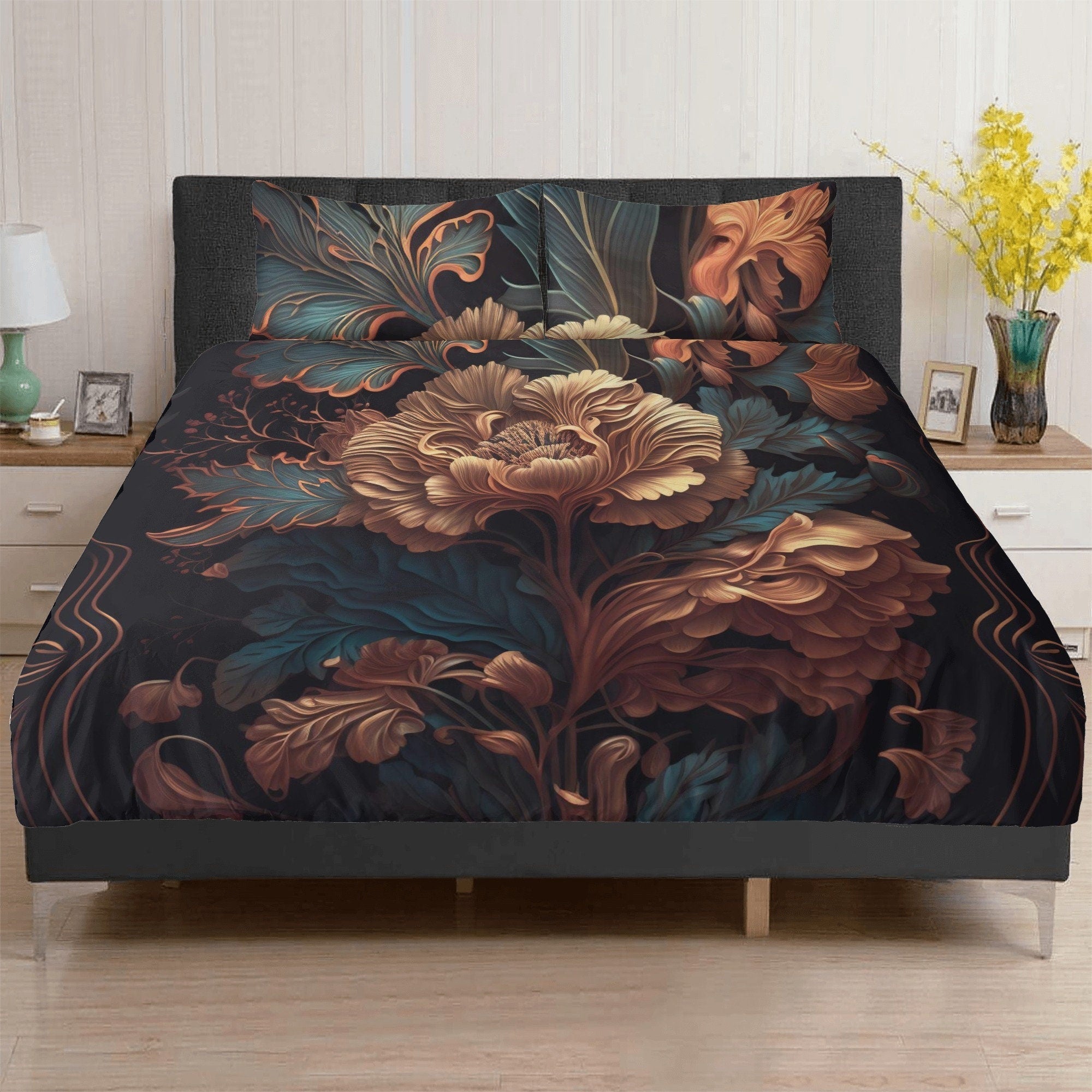 Dark Cottagecore Peony Floral Witchy Bedding Set For Hippies