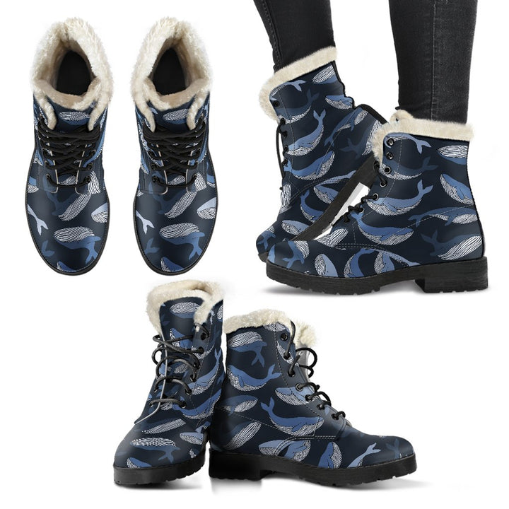 Deep Ocean, Cute Humpback Whale Print Comfy Faux Fur Boots For Winter Season