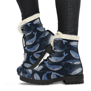 Deep Ocean, Cute Humpback Whale Print Comfy Faux Fur Boots For Winter Season