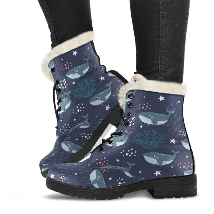 Deep Sea, Whale Humpback Print Comfy Faux Fur Boots For Winter Season