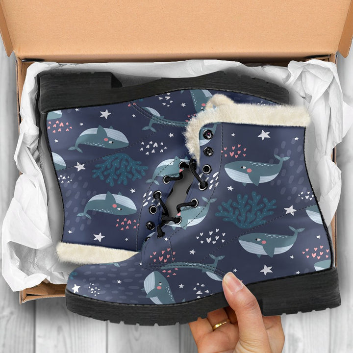 Deep Sea, Whale Humpback Print Comfy Faux Fur Boots For Winter Season