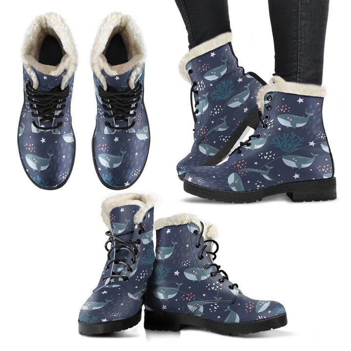 Deep Sea, Whale Humpback Print Comfy Faux Fur Boots For Winter Season