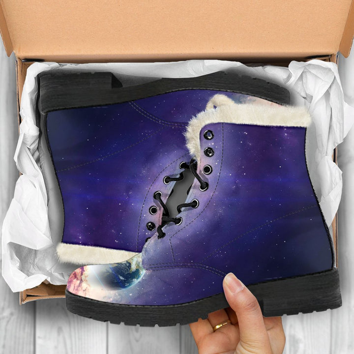 Earth, Mars Outer Space View Print Comfy Faux Fur Boots For Winter Season