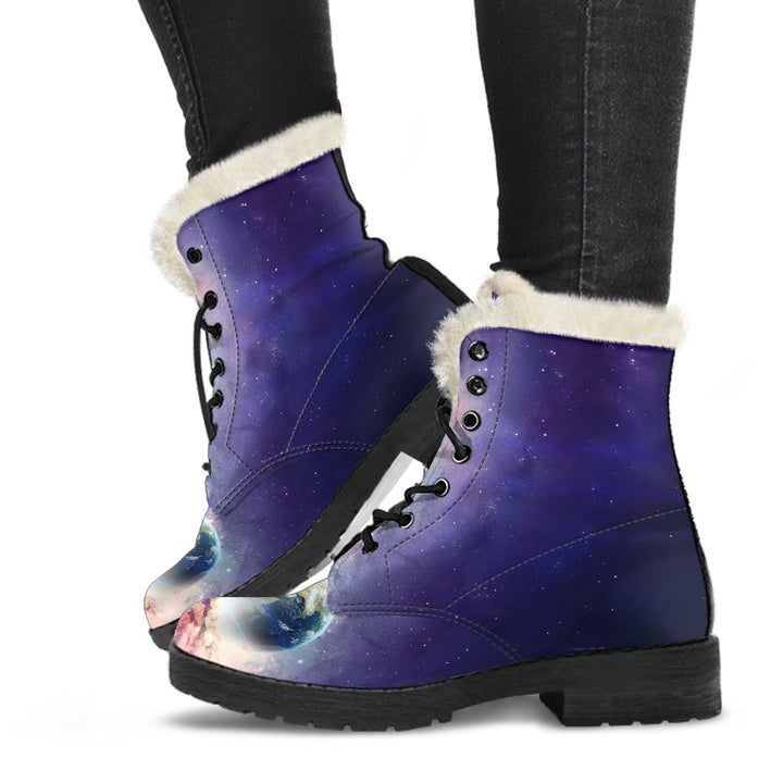 Earth, Mars Outer Space View Print Comfy Faux Fur Boots For Winter Season