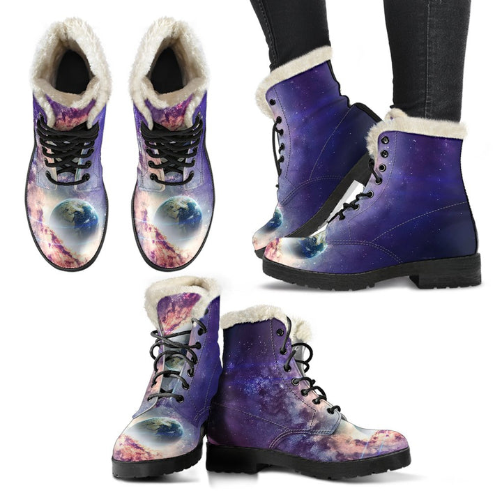 Earth, Mars Outer Space View Print Comfy Faux Fur Boots For Winter Season