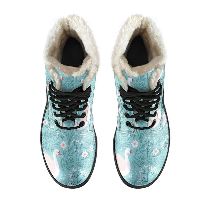 Floral Swan Cartoon Print Comfy Faux Fur Boots For Winter Season