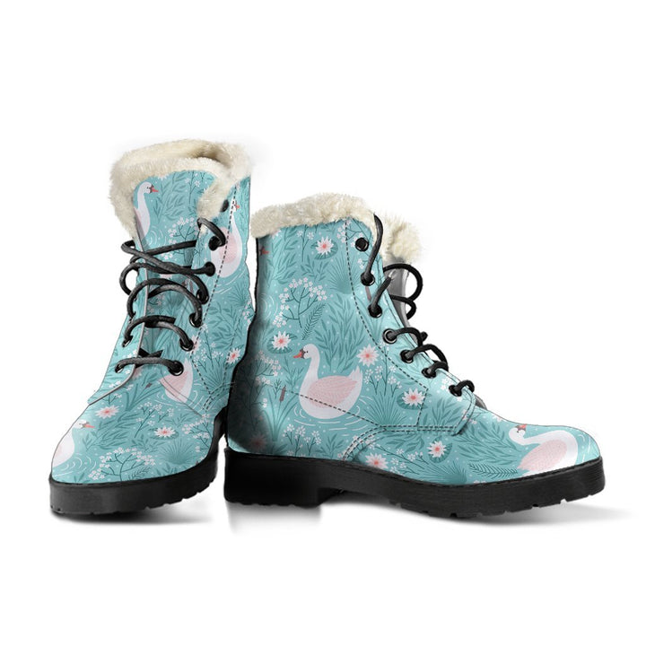 Floral Swan Cartoon Print Comfy Faux Fur Boots For Winter Season