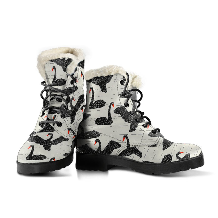 Charming Black Swan Print Comfy Faux Fur Boots For Winter Season