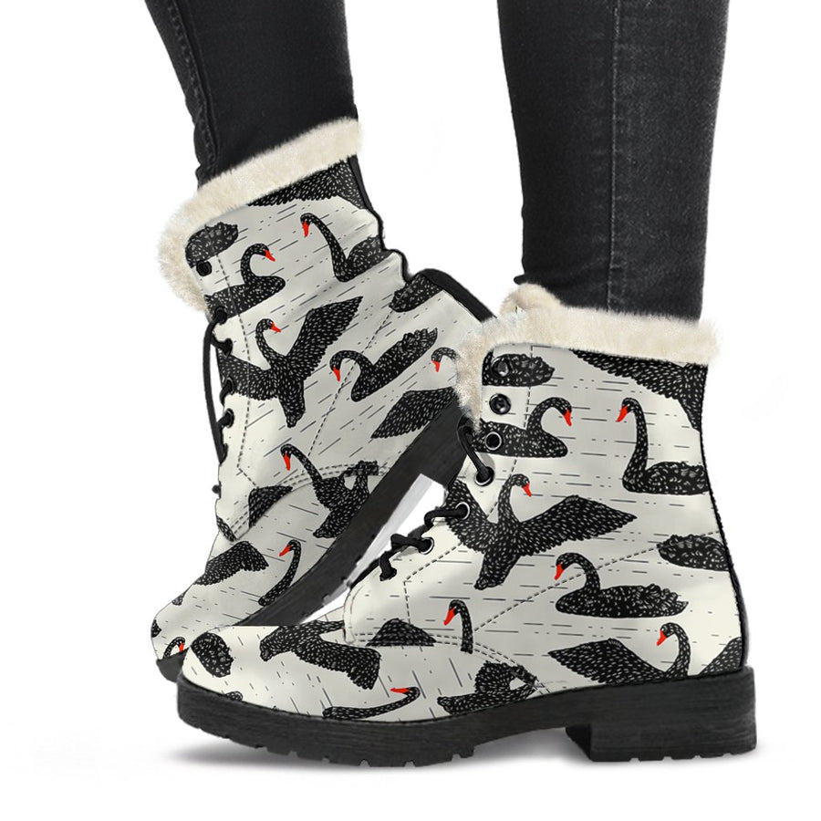 Charming Black Swan Print Comfy Faux Fur Boots For Winter Season