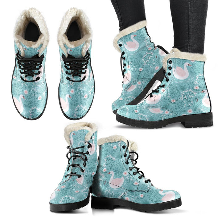 Floral Swan Cartoon Print Comfy Faux Fur Boots For Winter Season