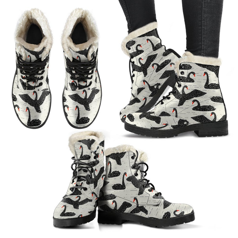 Charming Black Swan Print Comfy Faux Fur Boots For Winter Season