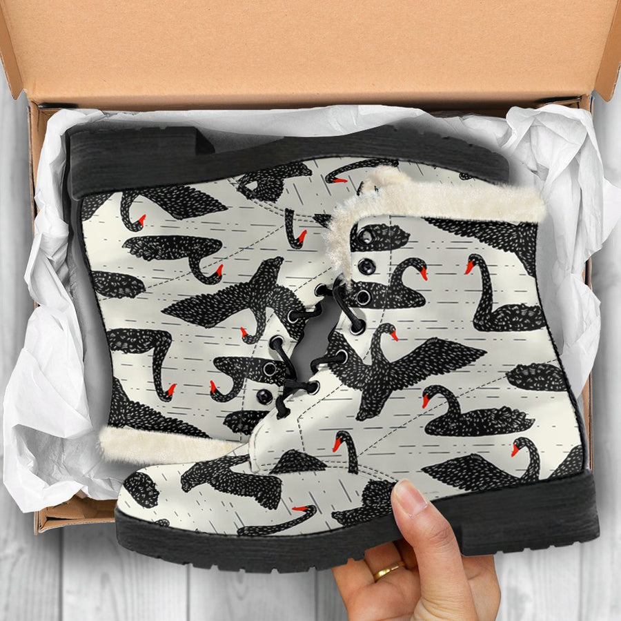 Charming Black Swan Print Comfy Faux Fur Boots For Winter Season