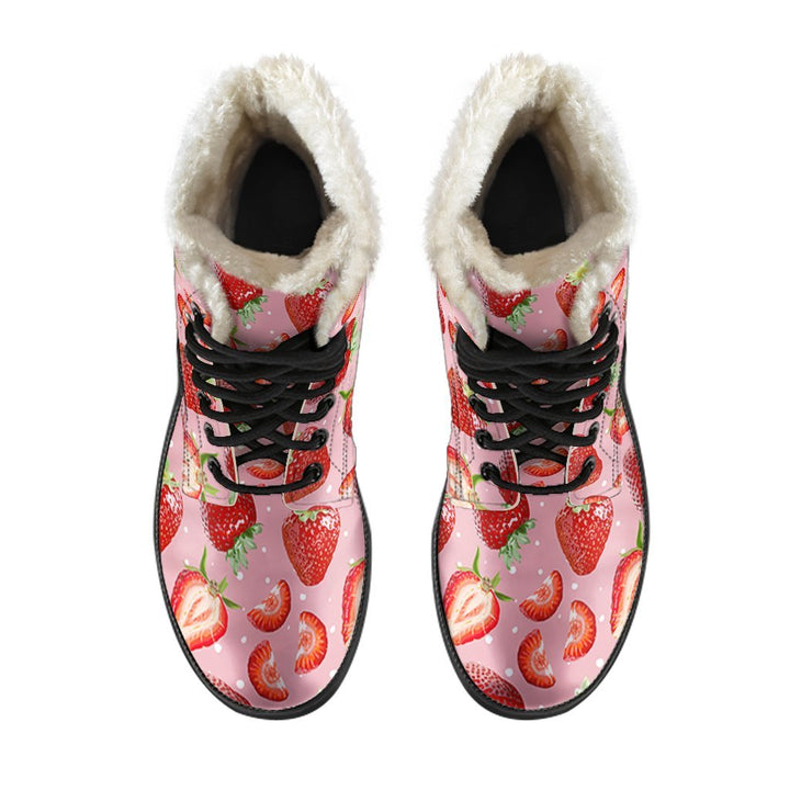 Fresh Pink Strawberry Print Comfy Faux Fur Boots For Winter Season