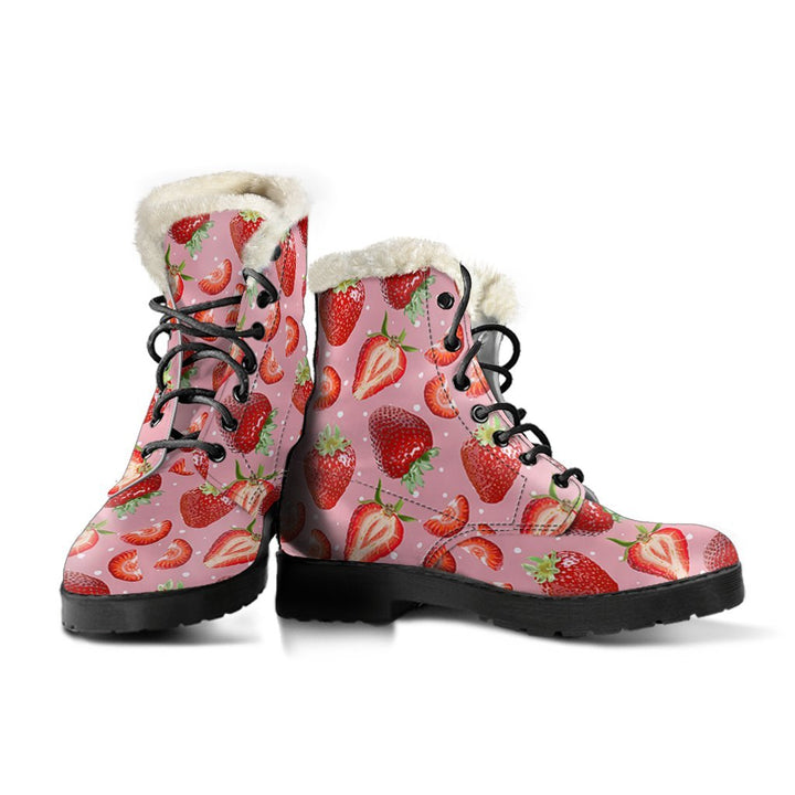 Fresh Pink Strawberry Print Comfy Faux Fur Boots For Winter Season